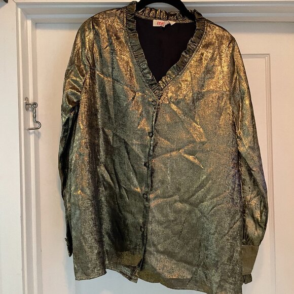 Gold Metallic Ruffle Long-sleeve Blouse - Picture 1 of 2